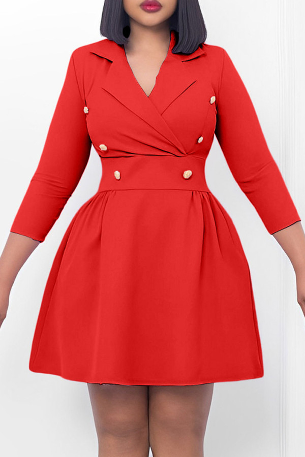 Red Casual Solid Patchwork Turndown Collar A Line Dresses