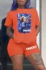 Orange Casual Figure Print Letter O Neck Short Sleeve Two Pieces