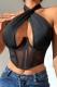Black Sexy Solid Patchwork See-through Backless Halter Tops