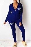 Deep Blue Casual Print Letter Hooded Collar Long Sleeve Two Pieces