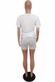 White Casual Figure Print Letter O Neck Short Sleeve Two Pieces