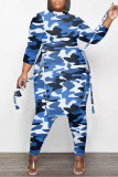 White Casual Print Camouflage Print Bandage Patchwork Asymmetrical O Neck Plus Size Two Pieces