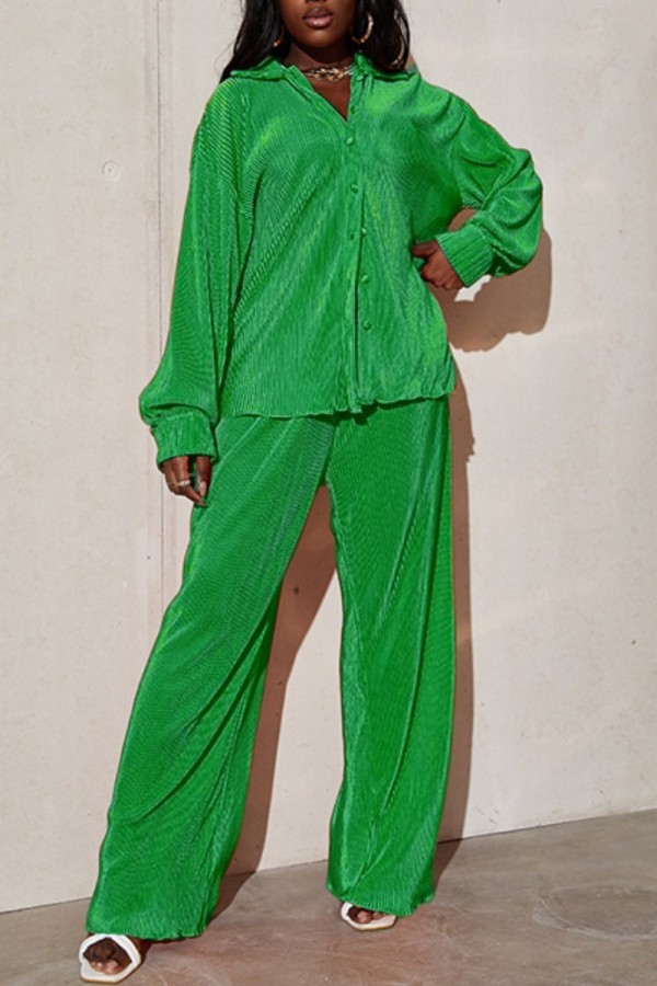Green Casual Solid Patchwork Turndown Collar Long Sleeve Two Pieces