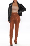 Brown Sexy Solid Slit Fold Skinny High Waist Conventional Solid Color Trousers