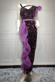 Purple Elegant Solid Sequins Patchwork Slit Asymmetrical Collar Straight Dresses