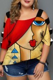 Orange Casual Print Hollowed Out Patchwork O Neck T-Shirts
