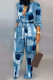 Blue Casual Print Patchwork Buckle With Belt Straight Jumpsuits