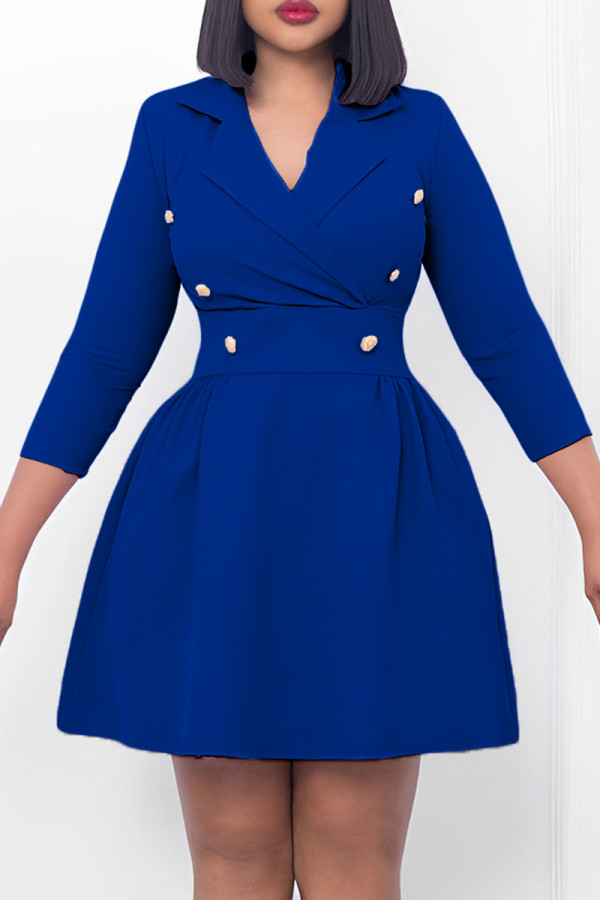 Blue Casual Solid Patchwork Turndown Collar A Line Dresses