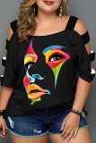 Black Yellow Casual Print Hollowed Out Patchwork O Neck T-Shirts