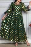 Green Casual Bronzing Polka Dot Patchwork Fold O Neck A Line Dresses