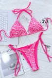 Pink Sexy Print Leopard Bandage Patchwork Backless Swimwears (With Paddings)