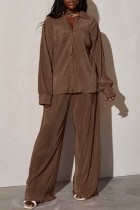 Brown Casual Solid Patchwork Turndown Collar Long Sleeve Two Pieces