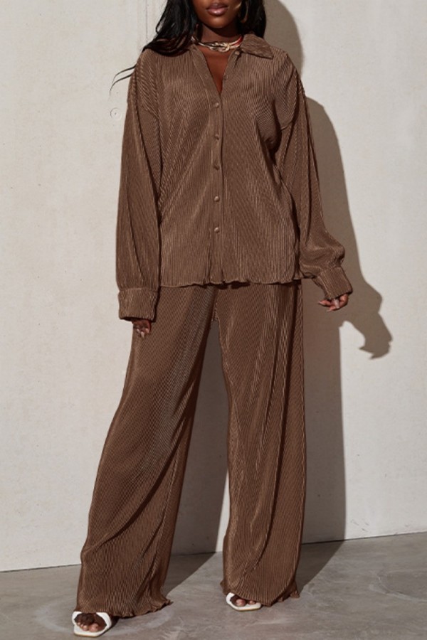 Brown Casual Solid Patchwork Turndown Collar Long Sleeve Two Pieces