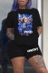 Black Casual Figure Print Letter O Neck Short Sleeve Two Pieces