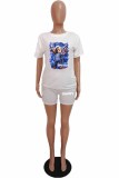 White Casual Figure Print Letter O Neck Short Sleeve Two Pieces