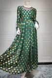 Green Casual Bronzing Polka Dot Patchwork Fold O Neck A Line Dresses