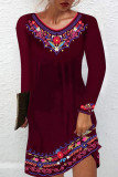 Deep Blue Casual Vintage Print Patchwork O Neck A Line Dresses
