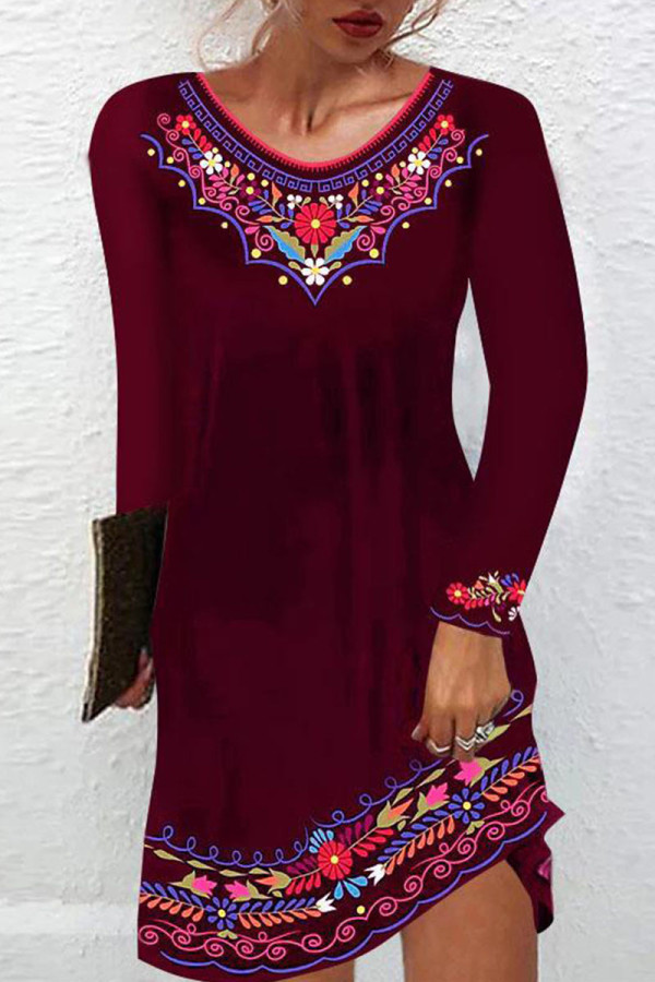 Burgundy Casual Vintage Print Patchwork O Neck A Line Dresses