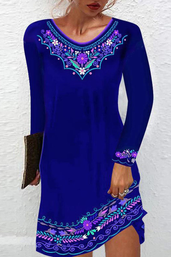 Deep Blue Casual Vintage Print Patchwork O Neck A Line Dresses