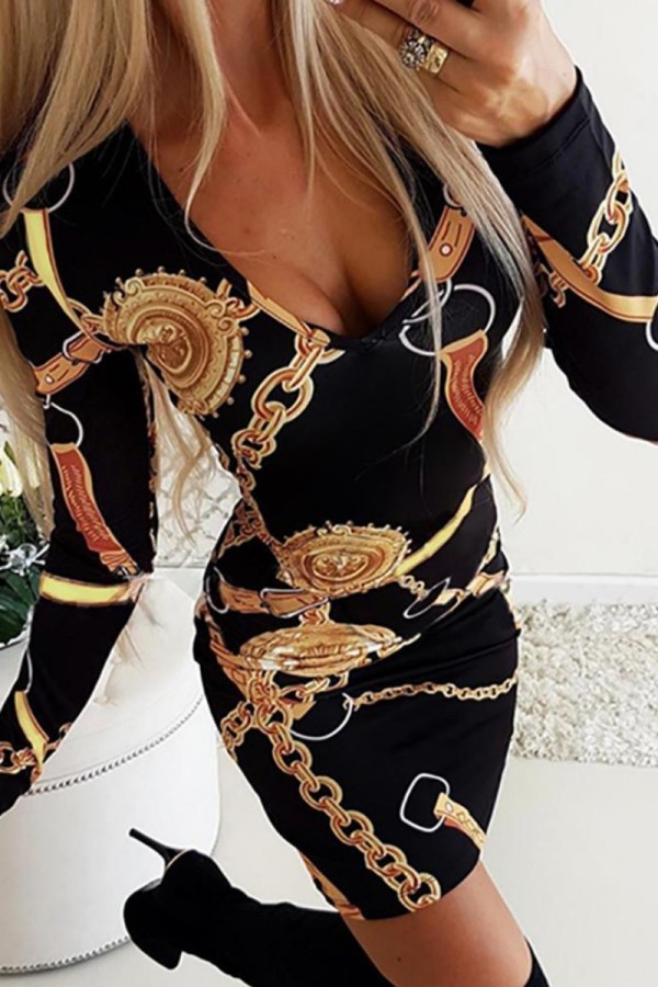 Black Casual Print Basic V Neck Long Sleeve Dresses