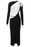Black Sexy Solid Backless Slit Asymmetrical O Neck Long Sleeve Dresses