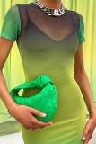 Green Sexy Gradual Change Print See-through O Neck Short Sleeve Dress Dresses