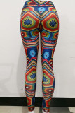Red Blue Sportswear Print Patchwork Skinny High Waist Pencil Full Print Bottoms
