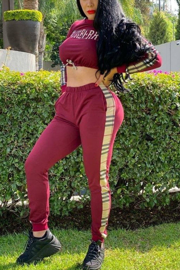 Wine Red Fashion Casual Patchwork Patchwork O Neck Long Sleeve Two Pieces