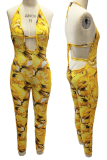 Yellow Sexy Print Patchwork V Neck Skinny Jumpsuits