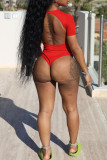 Red Sexy Solid Backless Short Sleeve Swimwears (Without Paddings)