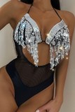 Black Sexy Patchwork Tassel Bandage See-through Backless Swimwears (With Paddings)