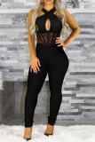 Black Sexy Solid Patchwork V Neck Regular Jumpsuits