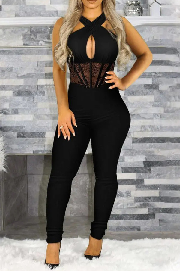 Black Sexy Solid Patchwork V Neck Regular Jumpsuits