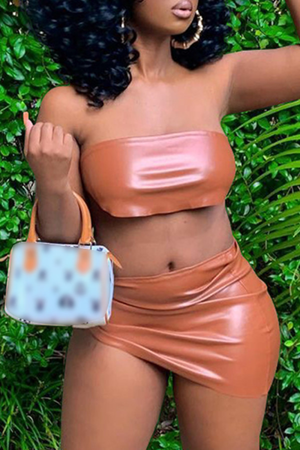 Brown Sexy Solid Backless Strapless Sleeveless Two Pieces