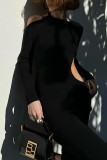 Black Sexy Solid Backless Slit Asymmetrical O Neck Long Sleeve Dresses
