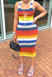 Pink Casual Striped Print Basic U Neck Vest Dress Dresses