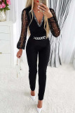 Black Sexy Solid Patchwork V Neck Regular Jumpsuits