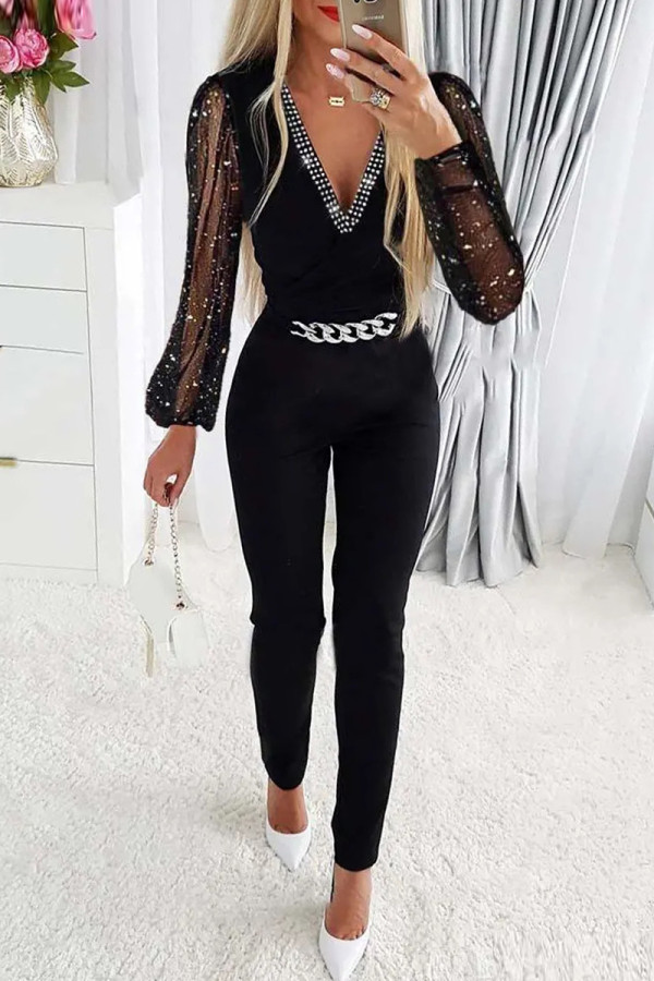 Black Silver Sexy Solid Patchwork V Neck Regular Jumpsuits