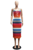 Pink Casual Striped Print Basic U Neck Vest Dress Dresses