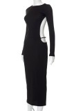 Black Sexy Solid Backless Slit Asymmetrical O Neck Long Sleeve Dresses