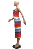 Pink Casual Striped Print Basic U Neck Vest Dress Dresses