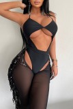 Black Sexy Solid Tassel Hollowed Out Sequins See-through Backless Swimwears (With Paddings)