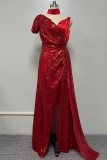 Red Sexy Formal Solid Patchwork Slit V Neck Evening Dress Dresses