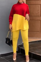 Yellow Red Casual Solid Patchwork Slit O Neck Plus Size Two Pieces