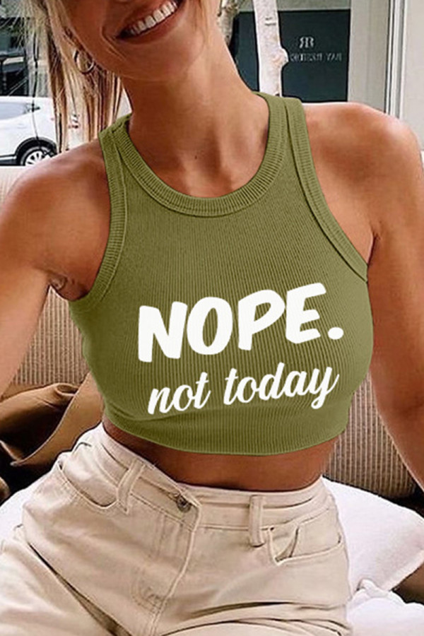 Light Green Casual Letter Print Basic O Neck Tops