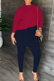 Purplish Red Casual Solid Patchwork Slit O Neck Plus Size Two Pieces