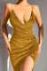 Gold Sexy Solid Patchwork Slit Spaghetti Strap Sling Dress Dresses