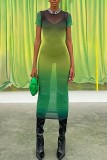 Green Sexy Gradual Change Print See-through O Neck Short Sleeve Dress Dresses