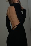Black Sexy Solid Backless Slit Asymmetrical O Neck Long Sleeve Dresses