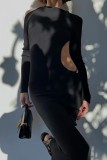 Black Sexy Solid Backless Slit Asymmetrical O Neck Long Sleeve Dresses